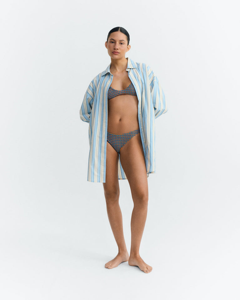 Top bikini seersucker naranja y azul Positano sostenible - 1