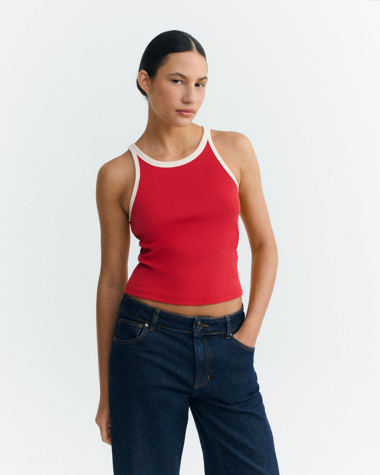 Top halter rojo contraste blanco Harriet sostenible - 3